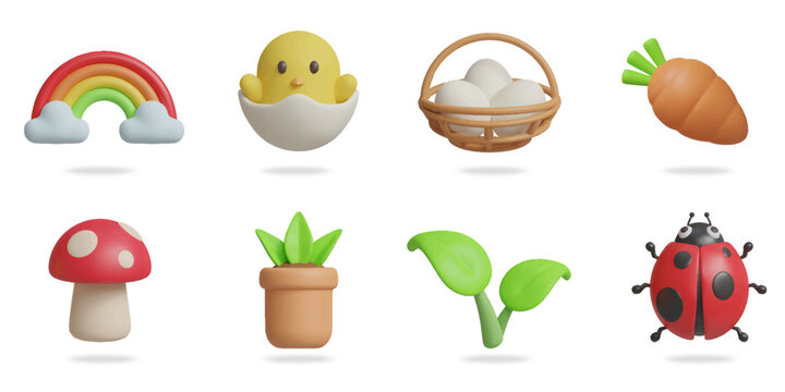 spring 3D vector icon set.
rainbow, child chicken, egg basket, carrot, mushroom, plant pot, leaf, ladybug