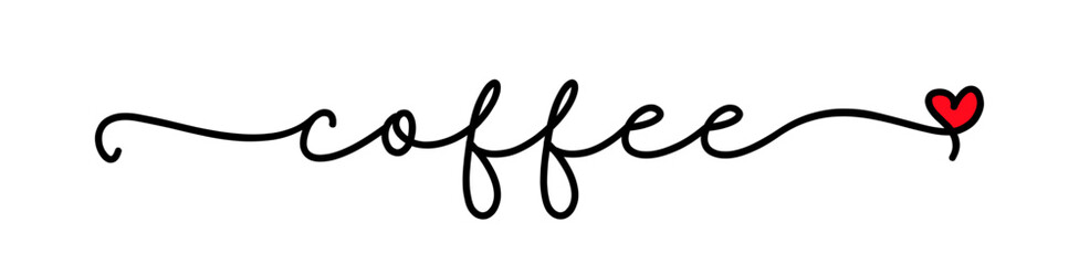 Coffee love. Vector logo word. Design for poster, flyer, banner, menu cafe. Hand drawn calligraphy text. Typography coffee logo with heart symbol. Signboard icon coffee.