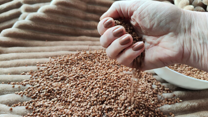 Brown buckwheat groats and hand of woman in it. Food for background and texture. Product and food...