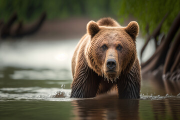 Plakat grizzly bear fishing in the river Generative AI