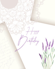 Happy Birthday card vintage collage with lavender and old text and lace.