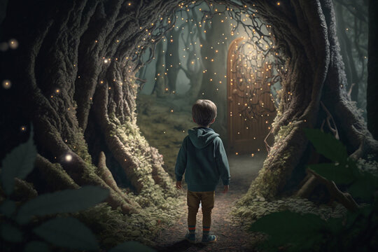 child on magic forest with tall tree and fairy dust Generative AI