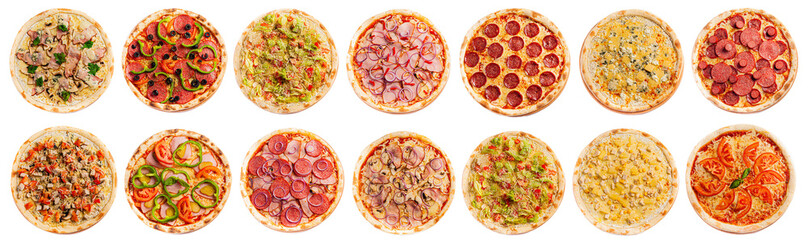 Set of pizza isolated, top view. Pizza photo for for menu card, web design, site, shop, advertising...
