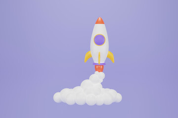 Fototapeta premium Spaceship rocket. Toy rocket upswing ,spewing smoke. Startup, space, business concept. Cartoon minimal style. 3d rendering