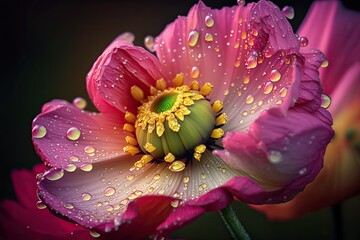 Photographing a blooming rainbow pink flower with rains in the summer. Summertime close up of a blooming garden China pink flower with water dripping on its pink petals. Generative AI
