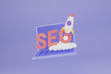 SEO optimization with rocket for marketing social media concept. Interface for web analytics strategy and research planing in laptop. Web analytics and seo marketing social media concept. 3d rendering