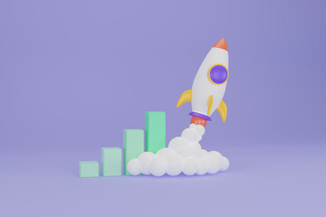 Fototapeta premium Rocket launch above bar chart, growing income, startup business. Toy rocket upswing ,spewing smoke. Startup, space, business concept. Cartoon minimal style. 3d rendering