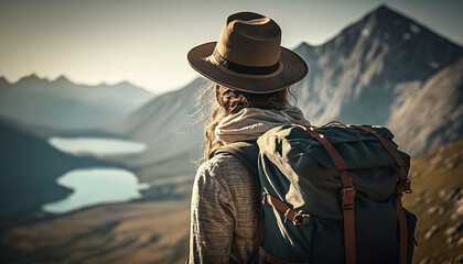 Rear view of female hiker with backpack looking out over a landscape. IA generative - obrazy, fototapety, plakaty