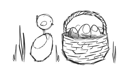 Vector festive Easter card hand drawn. Large  many eggs basket, little chick staring at it. Outline element for banner design, advertising layout. Organic farming cute cartoon style concept. Farming