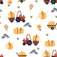 Tractor with hay seamless pattern. Farm and agriculture. Cartoon childish tractor, machine, hay for wrapping paper, fabric, textile, wallpaper, home decor. Flat vector illustration © PawLoveArt