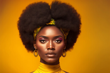 Portrait of a beautiful afro woman looking at camera on a gold background. AI Generative