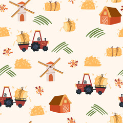 Farm cartoon seamless pattern. Funny domestic animals, countryside, houses and sheds with tractor and garden. Perfect for wrapping paper, fabric, textile, wallpaper, home decor. Vector illustration