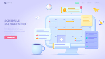 Schedule management, time planing, list of tasks online, to do reminder app, checklist, calendar application. 3d design concept for landing page. Three dimensional vector illustration.