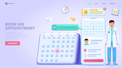 Book an appointment online, visit hospital, schedule meeting with doctor on the calendar selecting the date. 3d design for landing page. Three dimensional vector illustration with tiny characters.