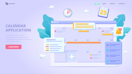 Schedule management, list of tasks online, to do reminder app, checklist, calendar application. 3d design concept for landing page. Three dimensional vector illustration.