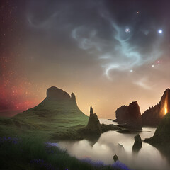 Experience the Enchantment of a Magic Night Landscape with Mesmerizing Starry Skies. Generative A.I