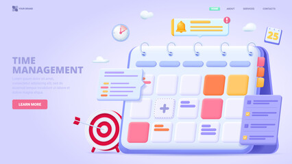 Schedule management, list of tasks online, time planning, checklist, calendar application. 3d design concept for landing page. Three dimensional vector illustration.