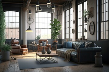 Fototapeta na wymiar Living room interior in loft, industrial style. Generative AI