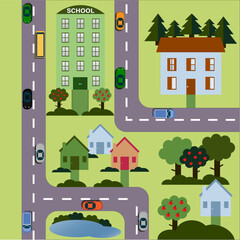 "City map map, cityscape - vector illustration
Cityscape design elements with road, park, transport, people, buildings, trees set. May be used for web site, brochure design, infographi"