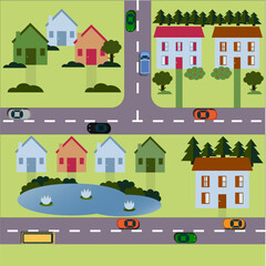 "City map map, cityscape - vector illustration
Cityscape design elements with road, park, transport, people, buildings, trees set. May be used for web site, brochure design, infographi"
