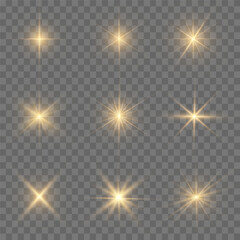 Yellow glowing light explodes on a transparent background. Sparkling magical dust particles. Bright Star. Transparent shining sun, bright flash. Vector sparkles.