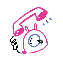 Old retro telephone with dial and handset in outline doodle simple cartoon style. Sticker or illustration.