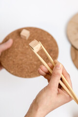 Concept image that exemplifies the use of recycled material in food, product packaging and utensils for preserving and transporting food products. Recycle and reuse.