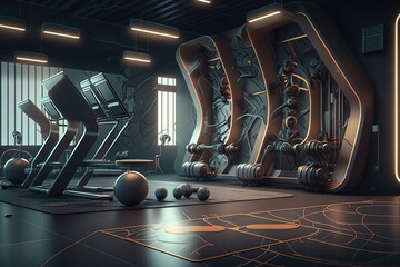 Modern gym interior with sport and fitness equipment and panoramic windows, fitness center interior, interior workout gym. Generative AI