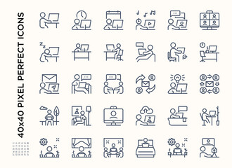 Simple set of Freelance and Work at home. Contains such Icons as Remote work, Colleague, Work at park. Editable stroke