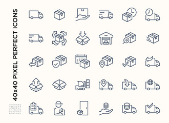Simple set of Delivery service icon set. Contains such Icons as Warehouse, Storage and box or parcel package outline, Express Shipping, Supply. Editable stroke