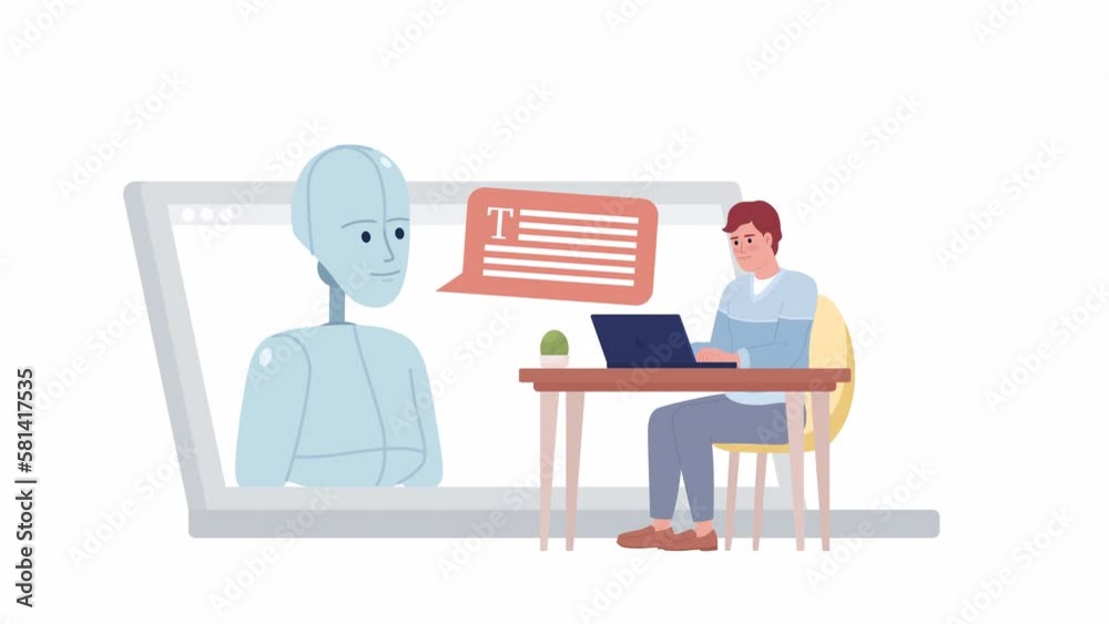Poster animated using ai content generator. blogger applying artificial intelligence. 2d cartoon flat chara