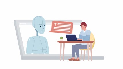 Animated using AI content generator. Blogger applying artificial intelligence. 2D cartoon flat character 4K video footage on white with alpha channel transparency. Concept animation for web design