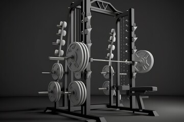 Modern light gym Sports equipment in gym Barbells of different weight on rack. Generative AI