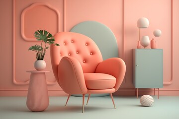 Modern mid century and minimalist interior of living room, Living coral decor concept, vintage pink armchair with coral wall on white floor. Generative AI