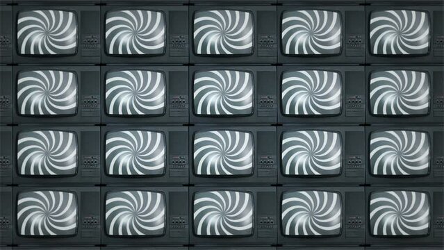 Set of old-fashioned televisions displaying a spinning hypnotic spiral represents how the media can manipulate and control people through the broadcast of false information, propaganda, brainwashing