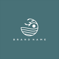 Water art line icon logo with circle leaf and sun