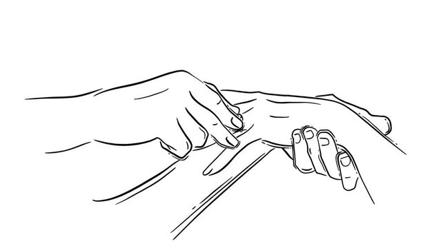 Sketch of two human hands. One hand puts the ring on the finger of the other hand. Black ink graphic elements. Hand drawn footage. Outline concept. Monochrome clip-art. Animation with alpha channel