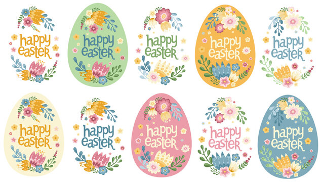 Happy Easter floral eggs and flower arrangement collection, colorful eggs with lettering and botanical elements for Easter celebration decor, pastel color illustration set