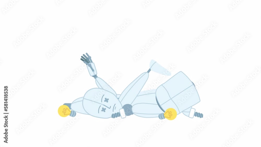 Poster animated malfunctioned robot. broken ai machine. crashed mechanical device. flat character animation