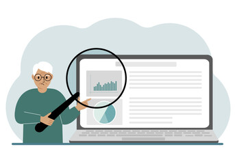 A old man shows a report, a presentation on a laptop with a magnifying glass vector illustration. Financial business analysis, audit, planning concept.