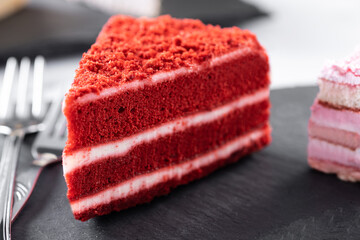 Set of cake portions  velvet cake on marble surface