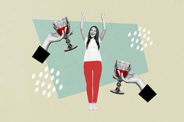 Collage image picture sketch poster of overjoyed girl victory friday mood weekend cheers clink tasty wine isolated on drawing background - obrazy, fototapety, plakaty