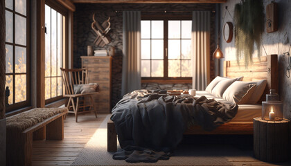 concept for cozy rustic bedroom. Generative AI