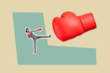 Creative drawing 3d sketch collage picture of sportive girl practicing ave box courses combat sport isolated on painted background