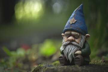 Garden gnome sitting on the grass looking sad. Generative AI - 581419913