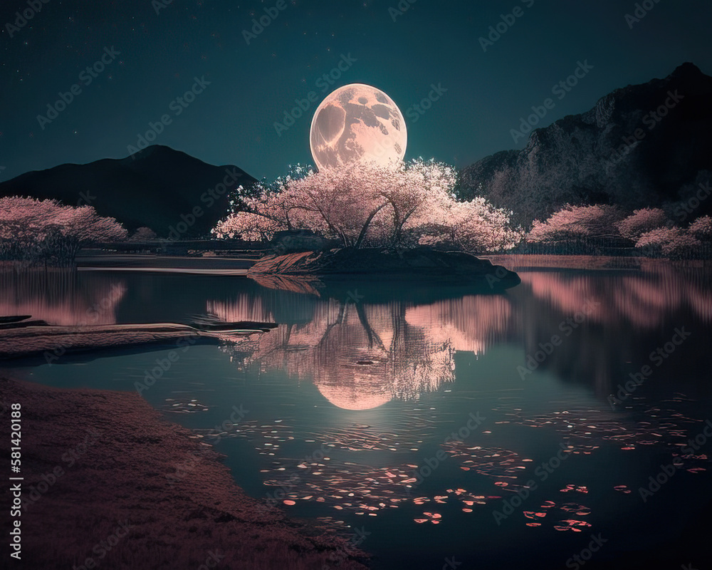 Canvas Prints moon over the lake created with Generative AI technology