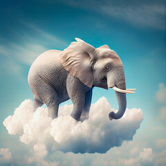 Fototapeta na wymiar Funny animal concept, big wild elephant flying in the sky with thick white clouds. Elephant in the sky. Illustration, Generative AI.
