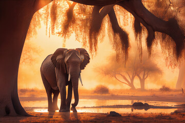 Fototapeta na wymiar African wild elephants under the trees at sunset.