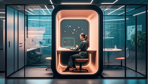 Woman works in office pod capsule room for concentrate work in silence, online negotiation in futuristic self contained room in open space office, focus task work with issues, generative AI