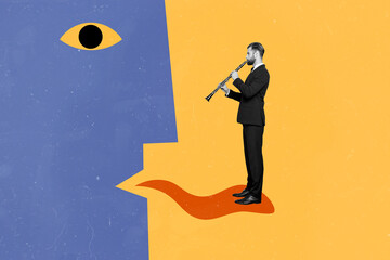 Creative abstract template collage of musician gentleman costume flutist hypnotist face draw head...